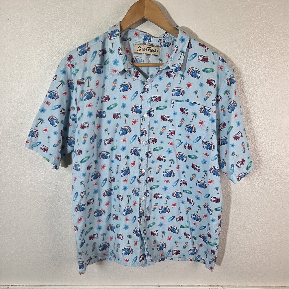 Senor Frogs Button Up Shirt Mens Large Blue Hawaiian Beach Vans Surf Print